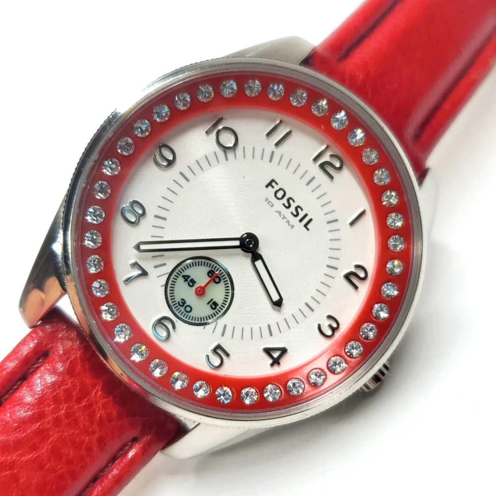 Fossil Watch AM-4188 Silver Watch Red Leather Band Crystal Bling